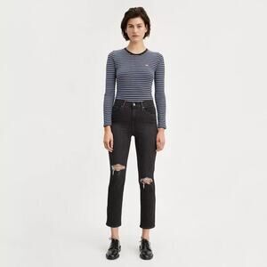 LEVI'S 724 High Rise Slim Straight Denim Jean Ripped No Dice Black